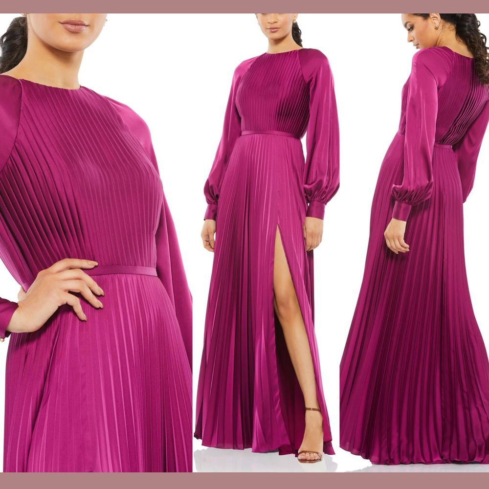 NWT IEENA Mac Duggal [‎ 4 ] 26590 Long Sleeve Pleated High Neck Gown Berry